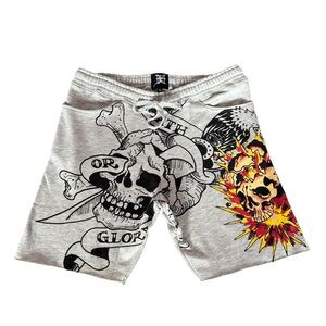 ED HARDY Death Or Glory Skull Tattoo Fleece Sweat Shorts Gray Men's Size Medium